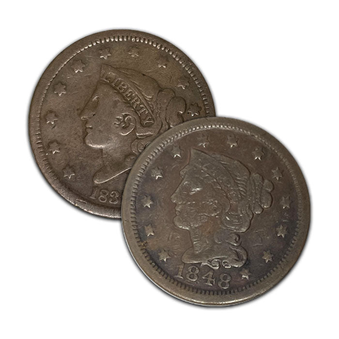 1838 and 1848 Coronet Head and Braided Hair Large Cent Pair . . . . Fine