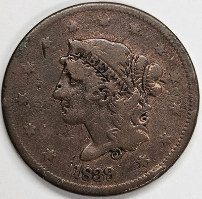 1839 Booby Head Large Cent VF many light scratches