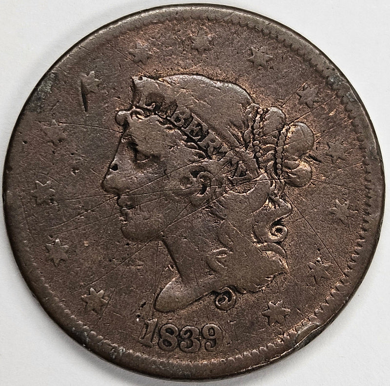 1839 Booby Head Large Cent VF many light scratches