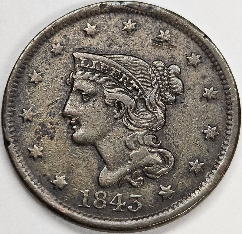 1843 Mature Head Braided Hair Large Cent . . . . XF/AU