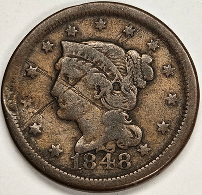 1848 Braided Hair Large Cent VG scratches rim damage