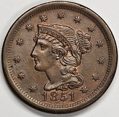 1851 Braided Hair Large Cent Choice BU Red/Brown