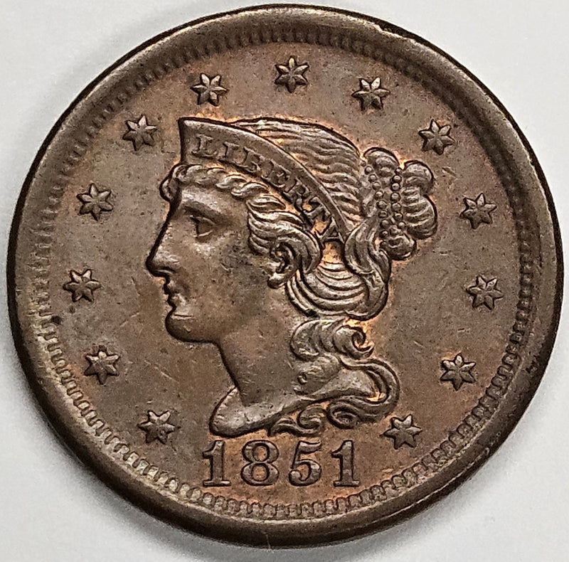 1851 Braided Hair Large Cent Choice BU Red/Brown