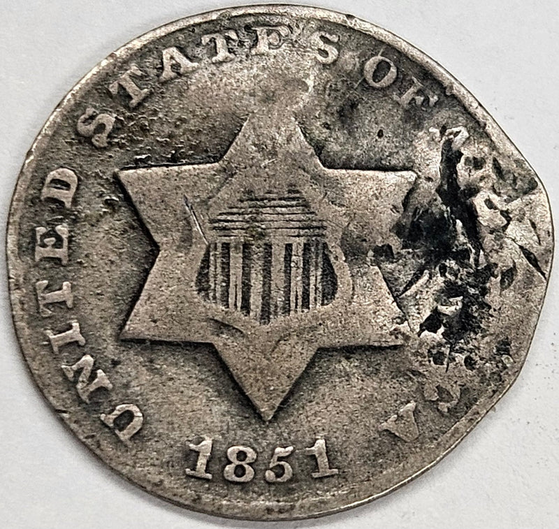 1851 Silver Three Cent Piece Fine/VF bent