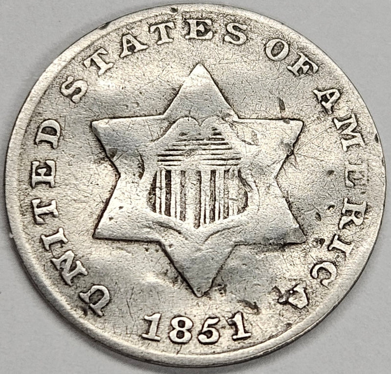 1851 Silver Three Cent Piece . . . . Fine bent
