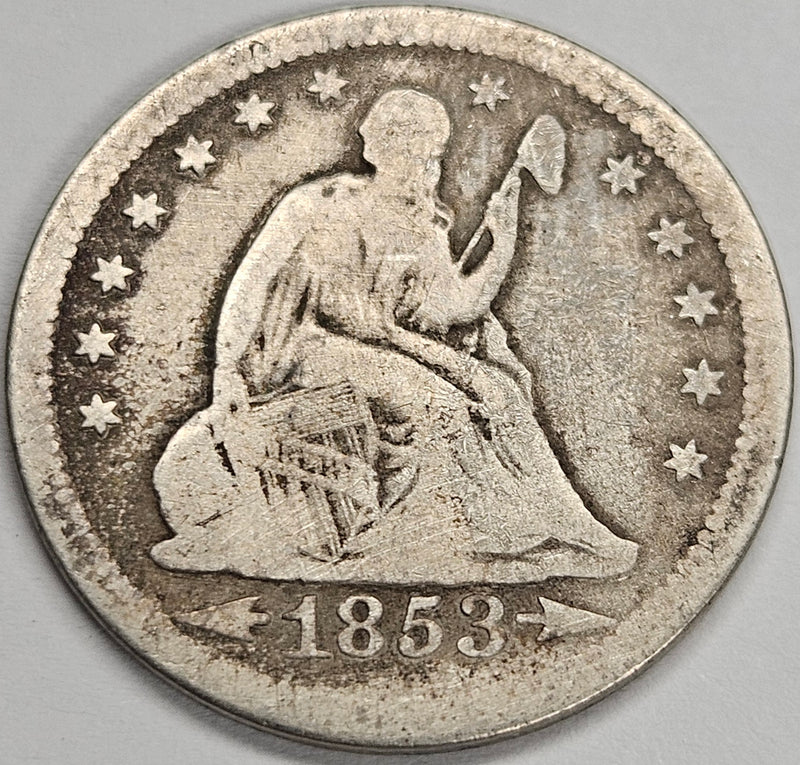 1853 Arrows/Rays Seated Liberty Quarter . . . . About Good