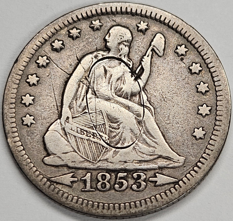 1853 Arrows/Rays Seated Liberty Quarter . . . . Fine large obverse punch