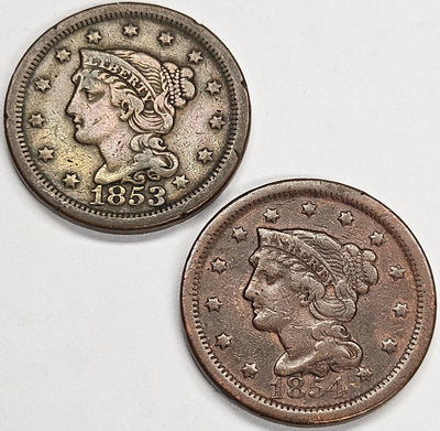 1853 and 1854 Large Cent Pair Very Fine