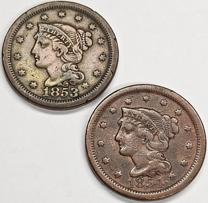 1853 and 1854 Large Cent Pair Very Fine