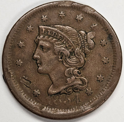 1854 Braided Hair Large Cent AU rim issues