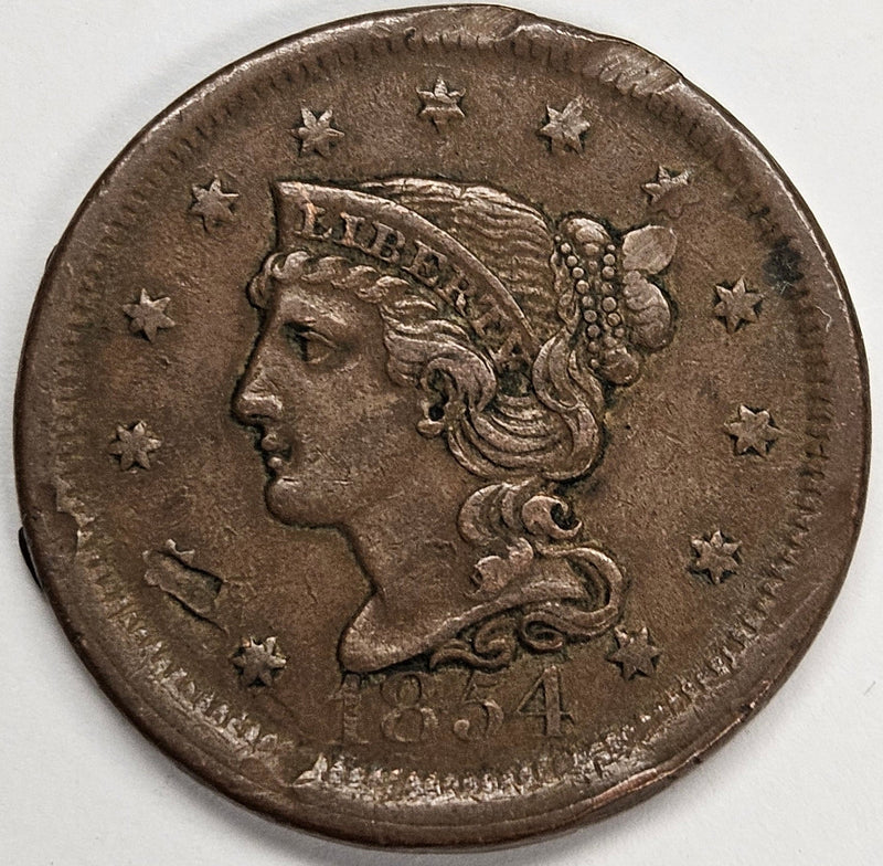 1854 Braided Hair Large Cent AU rim issues