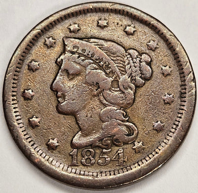 1854 Braided Hair Large Cent Very Fine