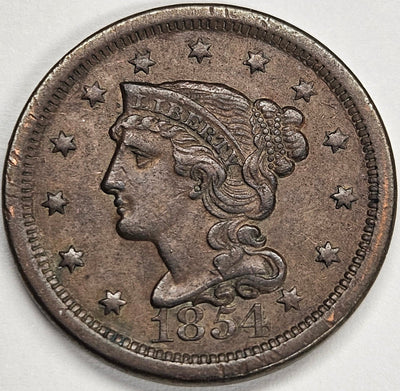 1854 Braided Hair Large Cent XF/AU