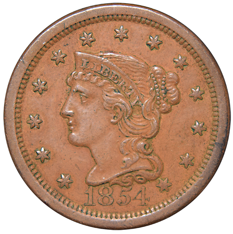 1854 Braided Hair Large Cent Select Uncirculated Brown