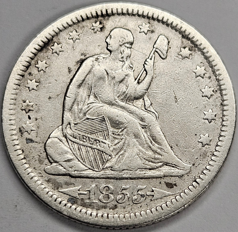 1855 Arrows Seated Liberty Quarter . . . . XF reverse scratches