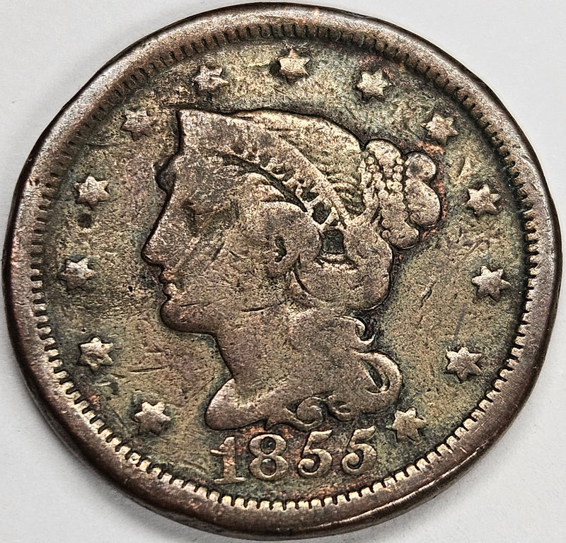 1855 Slanted 55 Braided Hair Large Cent . . . . Fine