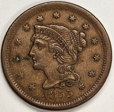 1855 Upright 55 Braided Hair Large Cent Select Uncirculated Brown
