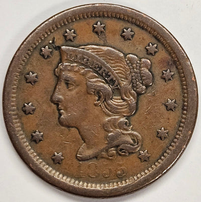 1855 Upright 55 Braided Hair Large Cent Extremely Fine