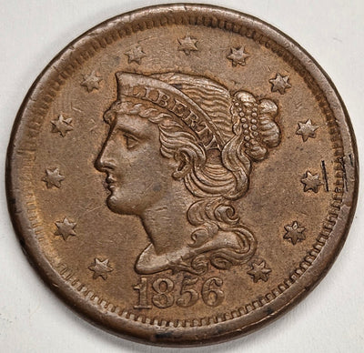 1856 Slant 5 Braided Hair Large Cent Uncirculated obverse hits