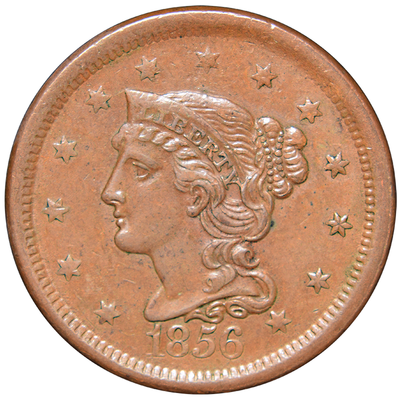1856 Slant 5 Braided Hair Large Cent Choice Uncirculated Brown