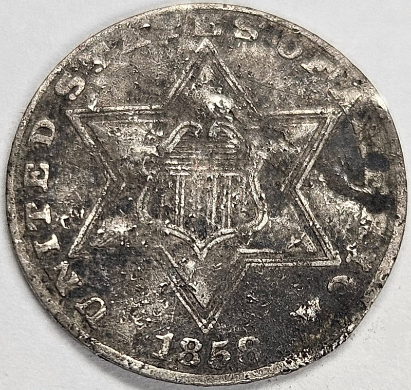 1858 Silver Three Cent Piece Fine bent