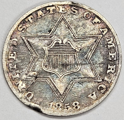 1858 Silver Three Cent Piece VF scratch bad hit