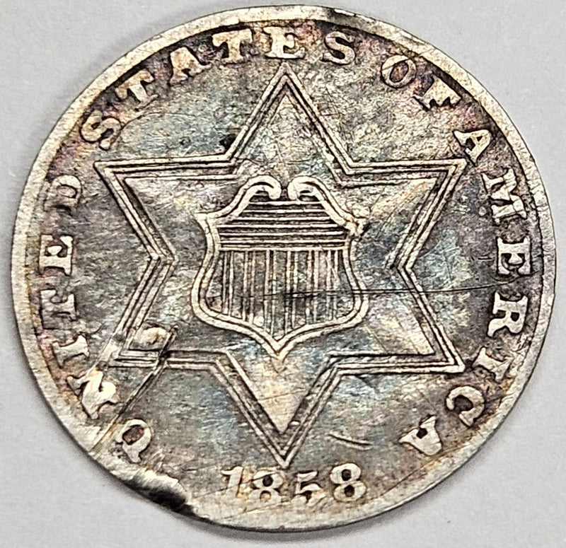 1858 Silver Three Cent Piece VF scratch bad hit