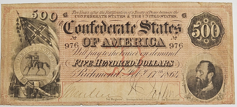 1864 $500.00 Confederate Note T64 . . . . Fine