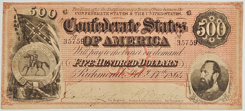 1864 $500.00 Confederate Note T64 . . . . VF/XF
