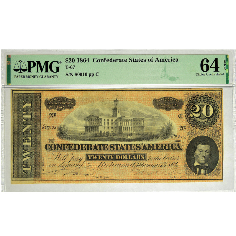 1864 $20.00 Confederate Note . . . . PMG Crisp Uncirculated-64