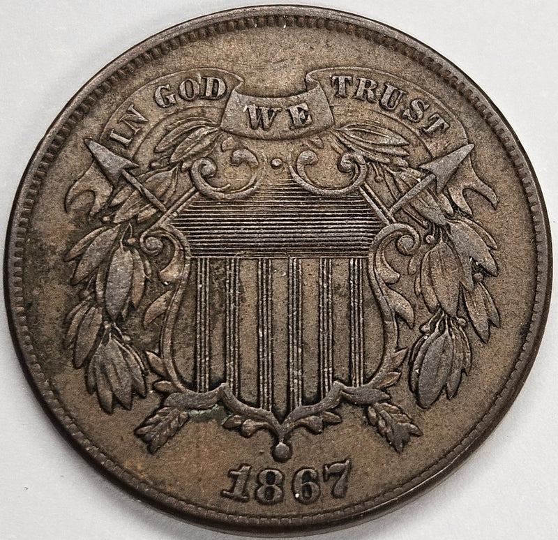 1867 Two Cent Piece . . . . Choice AU rim bump