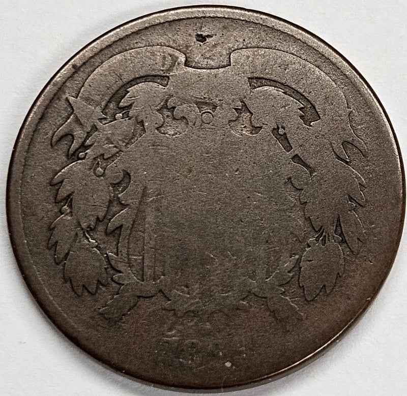1869 Two Cent Piece AG reverse damage