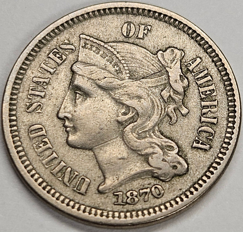 1870 Nickel Three Cent Piece . . . . Choice About Uncirculated
