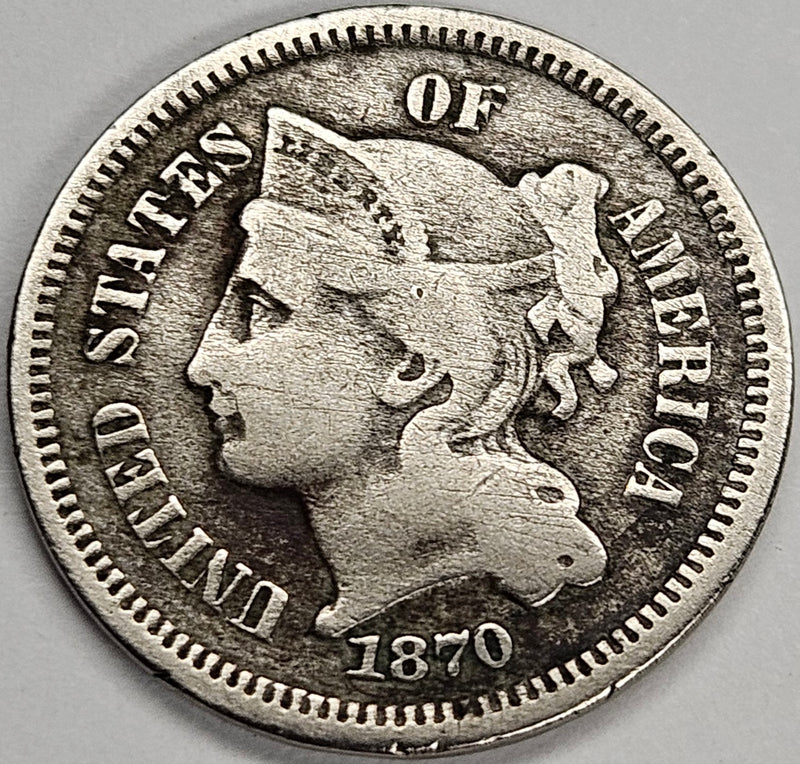 1870 Nickel Three Cent Piece . . . . Fine reverse hits