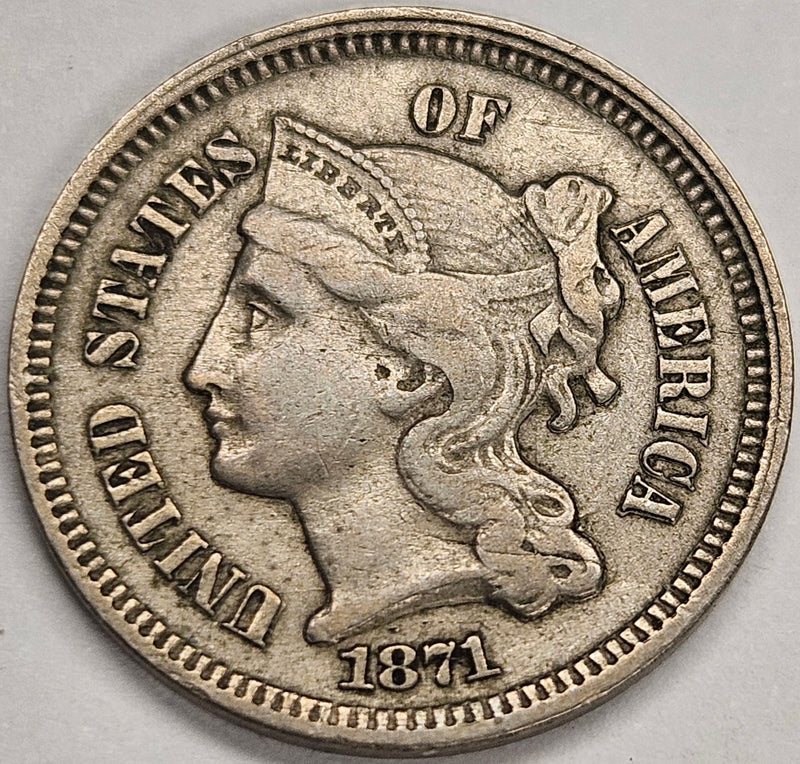 1871 Nickel Three Cent Piece . . . . Choice About Uncirculated