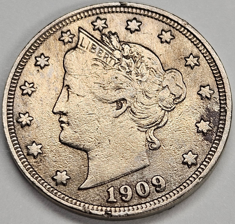 1909 Liberty Nickel AU harshly cleaned