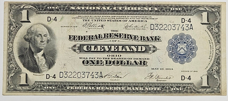 $1.00 1918 Federal Reserve Bank Cleveland Fr. 720 VF/XF