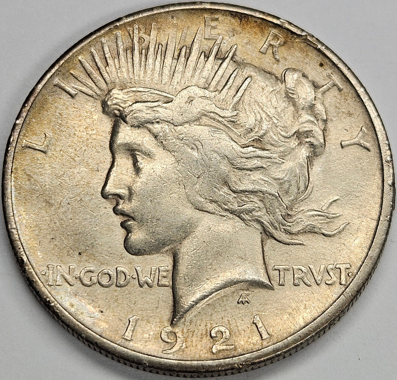 1921 Peace Dollar AU cleaned rim hits