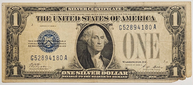 $1.00 1928 A Silver Certificate . . . . Fine missing corner