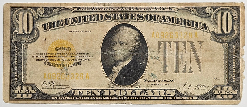 $10.00 1928 Gold Certificate . . . . Fine rough edges