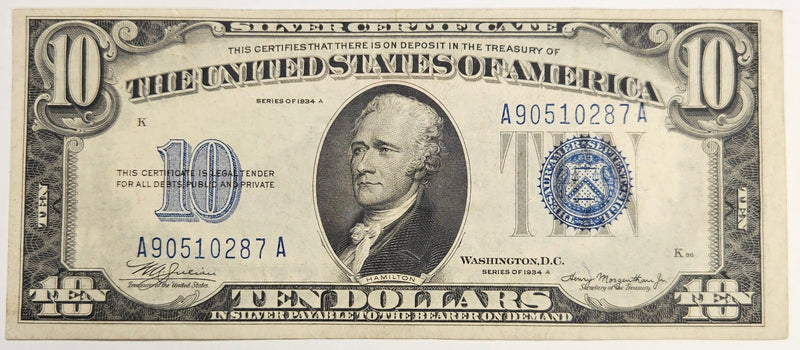 $10.00 1934 A Silver Certificate Fr. 1702 . . . . Choice About Uncirculated