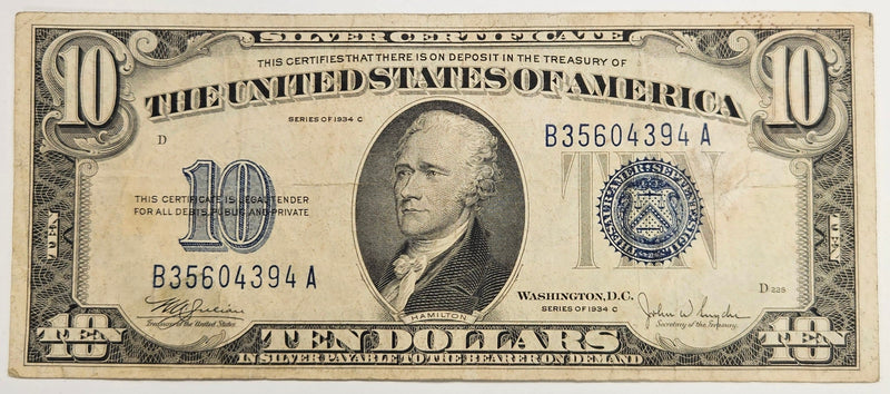 $10.00 1934 C Silver Certificate . . . . VF/XF