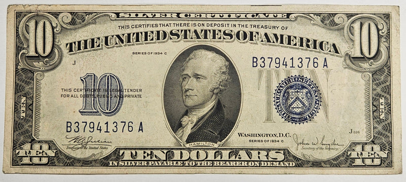 $10.00 1934 C Silver Certificate . . . . Very Fine