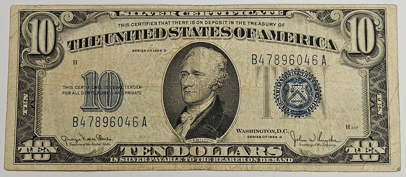 $10.00 1934 D Silver Certificate . . . . Very Fine