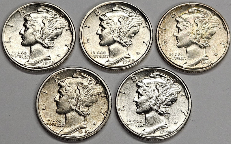 WWII era Silver Mercury Dimes 1942, 42-S, 43, 44, 44-D . . . . Brilliant Uncirculated