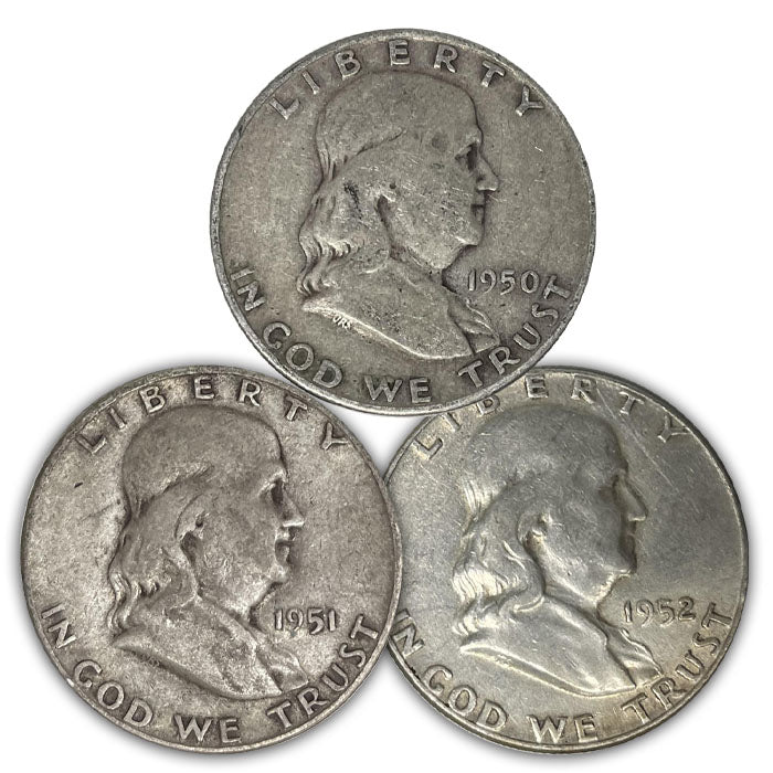 Set of Three Franklin Halves 1950-D, 1951-S and 1952 . . . . Very Fine to Extremely Fine