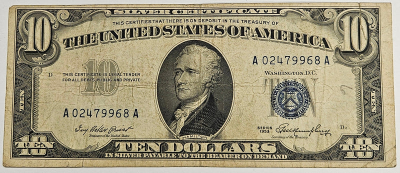 $10.00 1953 Silver Certificate . . . . Fine tear