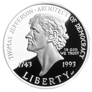 1993-S Jefferson 250th Anniversary Silver Dollar . . . . Gem Brilliant Proof in original U.S. Mint Box