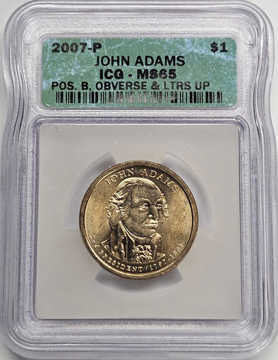 2007 John Adams Presidential Dollar ICG MS-65 Position B Obverse and Letters Up