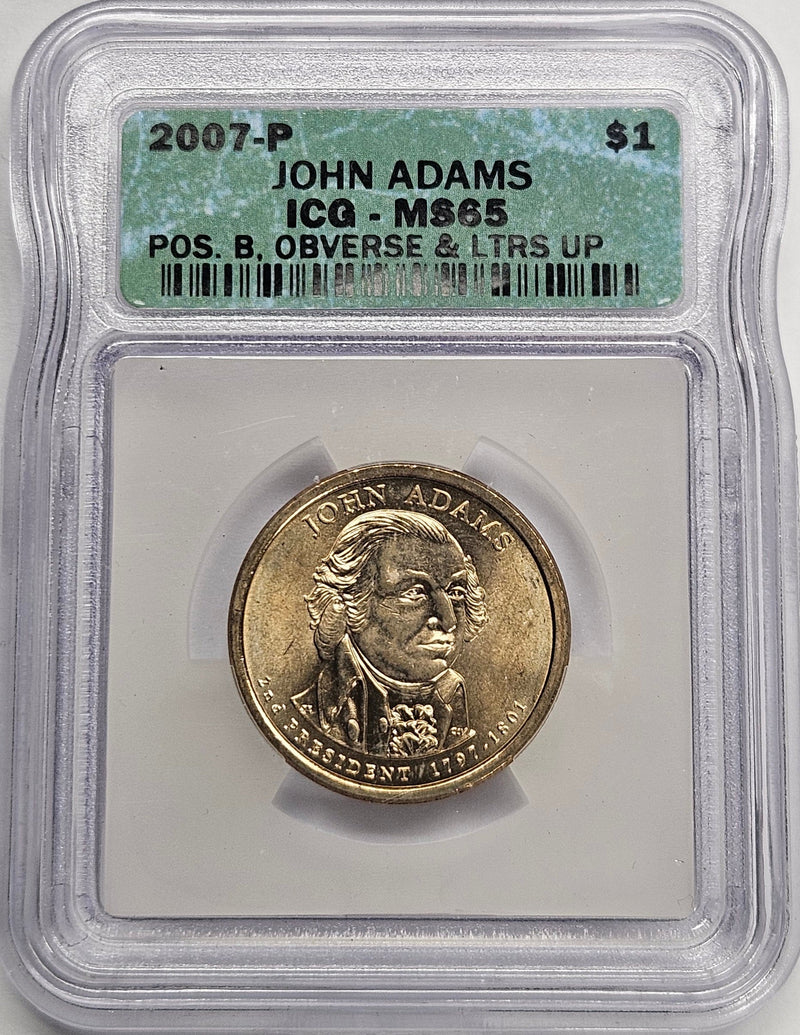 2007 John Adams Presidential Dollar ICG MS-65 Position B Obverse and Letters Up